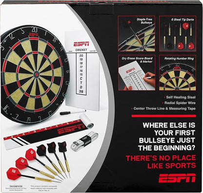 ESPN Dart Board Includes 6 Steel Tip Darts, Bristle Dartboard with Radial Spider Wire and Staple Free Bullseye, Ideal Party Games for Adults
