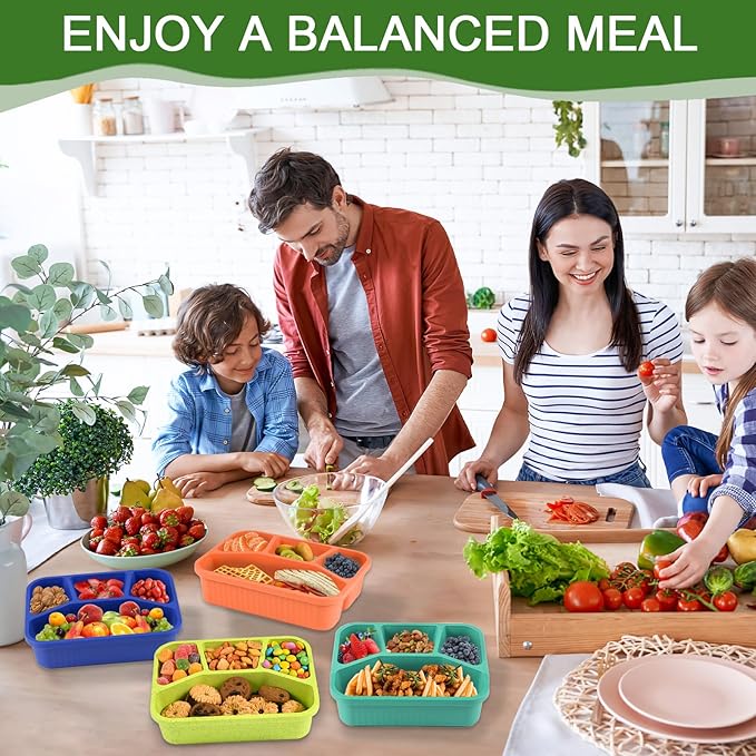 4 Pack Bento Box Lunch Box Container for Adult Kid, 4 Compartment Meal Prep Containers with Lids, Reusable Snack Box Container for Work Travel Picnic, Microwave & Dishwasher Safe