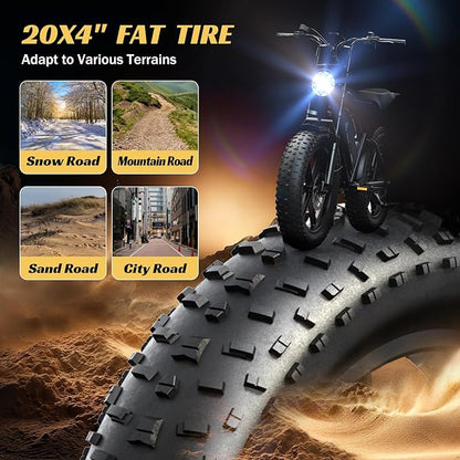 HOVSCO Electric Bike for Adults with 1500W Peak Motor, 20" Fat Tire Electric Dirt Bike, 28MPH All-Terrain E-Bike, 48V 15AH Battery, Electric Motorcycle for Road Sand Mountain Snow Adventure