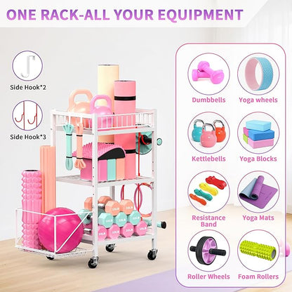 3-Tier Home Gym Storage Rack, Adjustable Yoga Mat Storage Rack, 250LBS Metal Workout Equipment Storage Cart with Large Basket & Lockable Wheels for Mats, Bands, Foam Rollers, Yoga Block