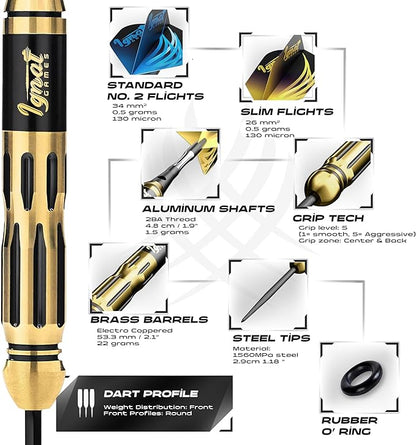 IgnatGames Premium Steel Tip Darts – 3/6/12 Pack Brass Barrels with Aluminum Shafts, 16 GlideXPro Flight Set, Tool Kit & Giftable Case
