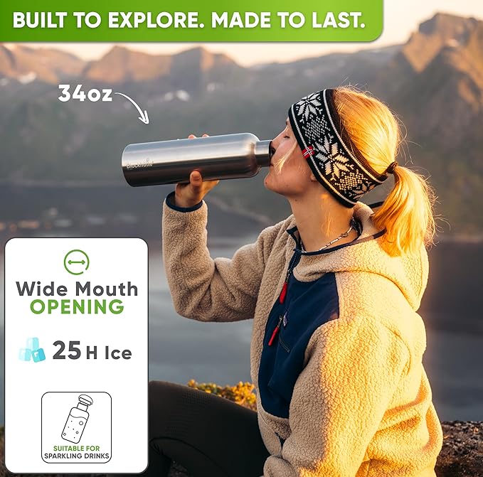 Blockhuette Vacuum Insulated Stainless Steel Water Bottle I 34 oz I Wide Mouth Insulated Metal Bottle for Cold Drinks I BPA-Free I Perfect for Travel, School, Kids, Adults, Water Canteen
