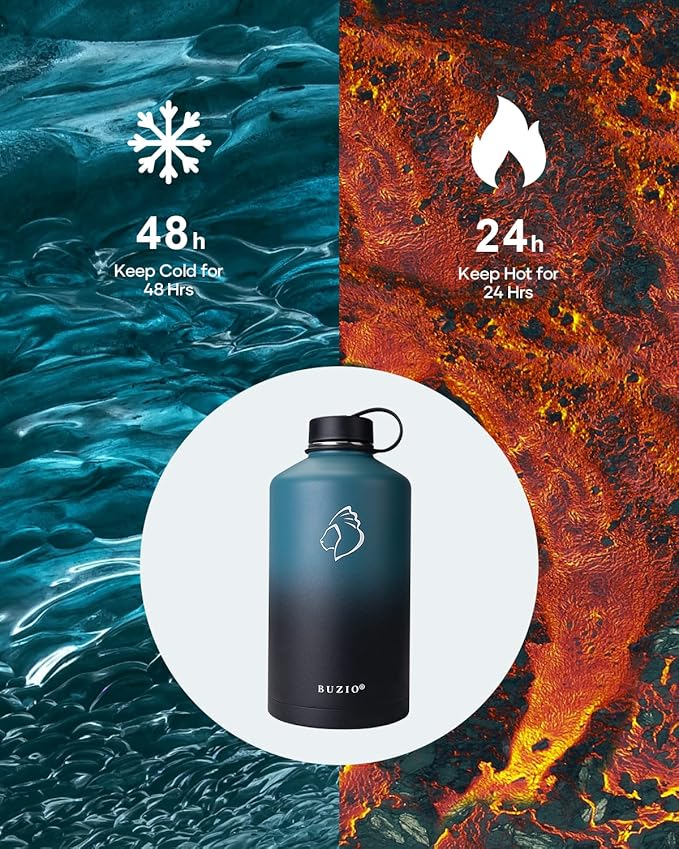 BUZIO 1 Gallon Water Bottle Insulated with Straw Lid, 128oz Large Water Jug Stainless Steel Metal Vacuum Water Flask Leak Proof 18/8 Food Grade Thermo Mug Keep Cold 48H & Hot 24H, Indigo Crush