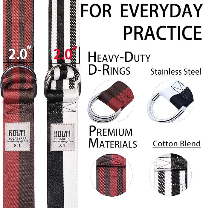 Yoga Exercise Adjustable Straps 8FT with Durable D-Ring for Pilates & Gym Workouts | Hold Poses, Stretch, Improve Flexibility & Maintain Balance