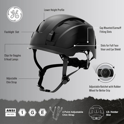 GE Safety Helmet, Impact Absorbing Tech, Adjustable Ratchet, ANSI Type 1, Memory Foam Padding, Hard Hats Protection, Lightweight, Durable, Chin Strap, Comfortable Fit OSHA Approved