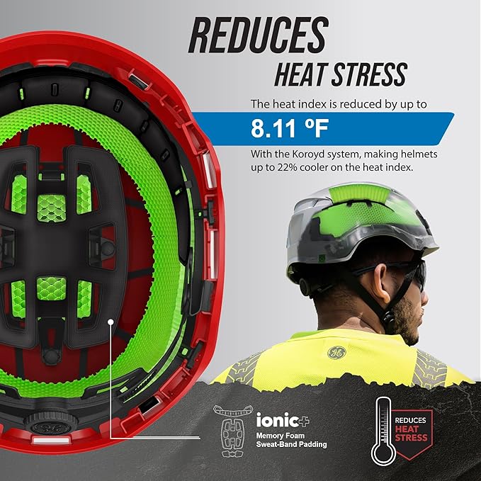GE Safety Helmet: ANSI Type 2 Class G & E, Advanced Impact Technology, Ultra Comfortable Memory Foam, Heat Stress Reduction, Compatible with Accessories, Adjustable Size OSHA Approved