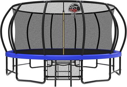 10 12 14 15 16FT Outdoor Trampolines for Kids and Adults, Pumpkin Trampoline with Curved Poles, Recreational Trampoline with Basketball Hoop and Safety Enclosure Net for Kids and Adults