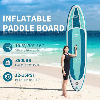 Inflatable Stand Up Paddle Board with SUP Accessories & Backpack. Paddle Boards for Adults. Non-Slip Deck, Wide Stance, Bottom Fin, Double Action Pump.