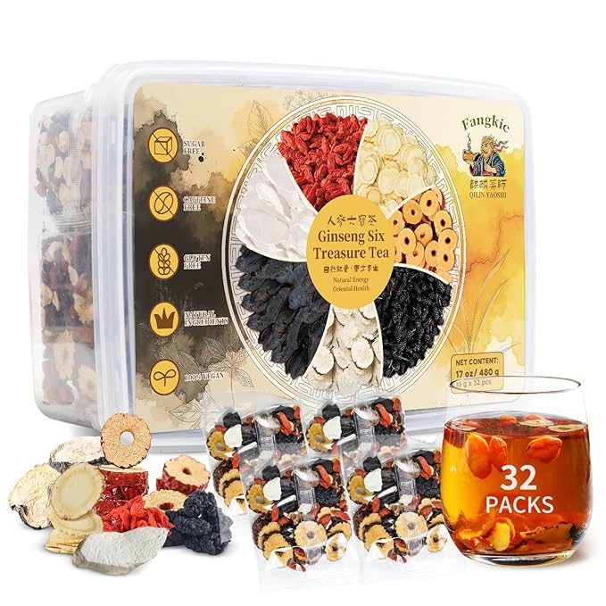 Fangkic Kidney Tea Formula Ginseng Six Treasure, (480g/1Box) 32 Packs Ginseng Five Treasure Aid Root Men's Kidney Cleanse Detox Tea, 7 Precious Organic Ingredient Formula, Chinese Herbal