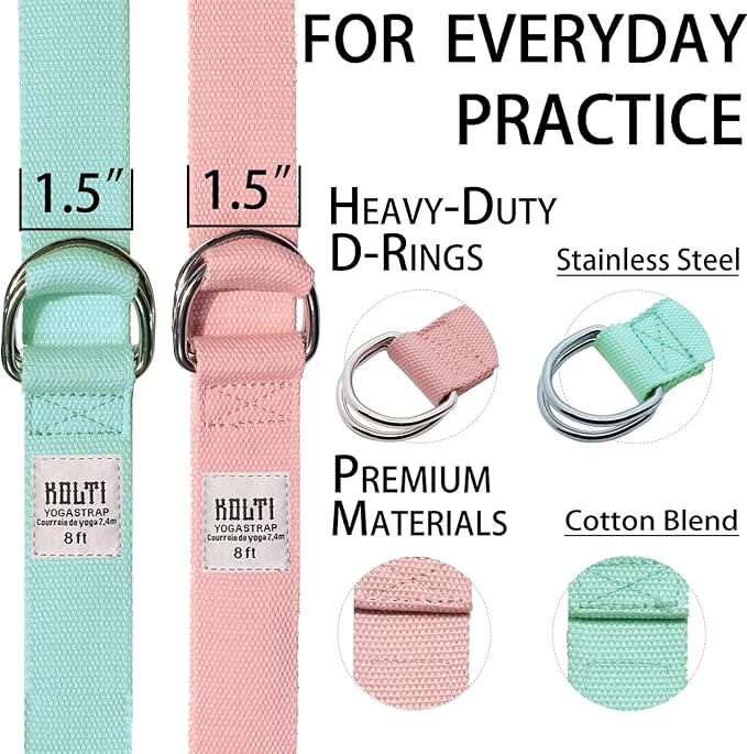 Yoga Exercise Adjustable Straps 8FT with Durable D-Ring for Pilates & Gym Workouts | Hold Poses, Stretch, Improve Flexibility & Maintain Balance