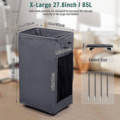 Yoga Mat Storage Racks, Home Gym Storage Rack with Wheels, Yoga Mat Holder Side 2 Mesh Pockets, Yoga Storage Basket Holds 4 Yoga Mats, 2 Foam Rollers, 6 Resistance Bands