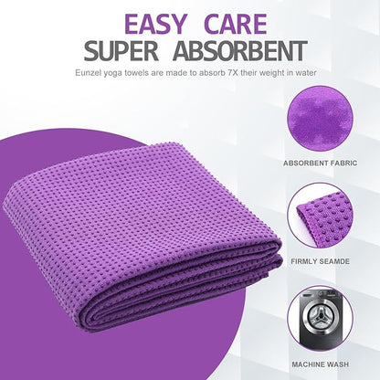 Eunzel Yoga Towel,Hot Yoga Mat Towel with Grip Dots Sweat Absorbent Non-Slip for Hot Yoga, Pilates and Workout 24" x72", Purple