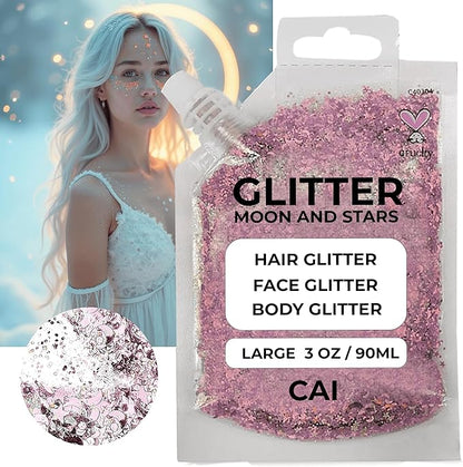 Hair Glitter Gel – 3 Oz Chunky Iridescent Holograph Stars & Moon, Cosmetic-Grade Glitter for Hair, Body & Face for Kids and Women, Applies Smoothly & Washes Off Easily - Rose/Gold 2Pack