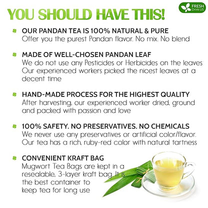 FreshDrinkUS, Premium 15 Pandan Leaf Tea Bags, 100% Natural & Pure from Pandan Leaves. Loose Leaf Pandan Herbal Tea. Made with Natural Material Tea Bags. No Sugar, No Caffeine, No Gluten, Vegan. (15 Tea bags)