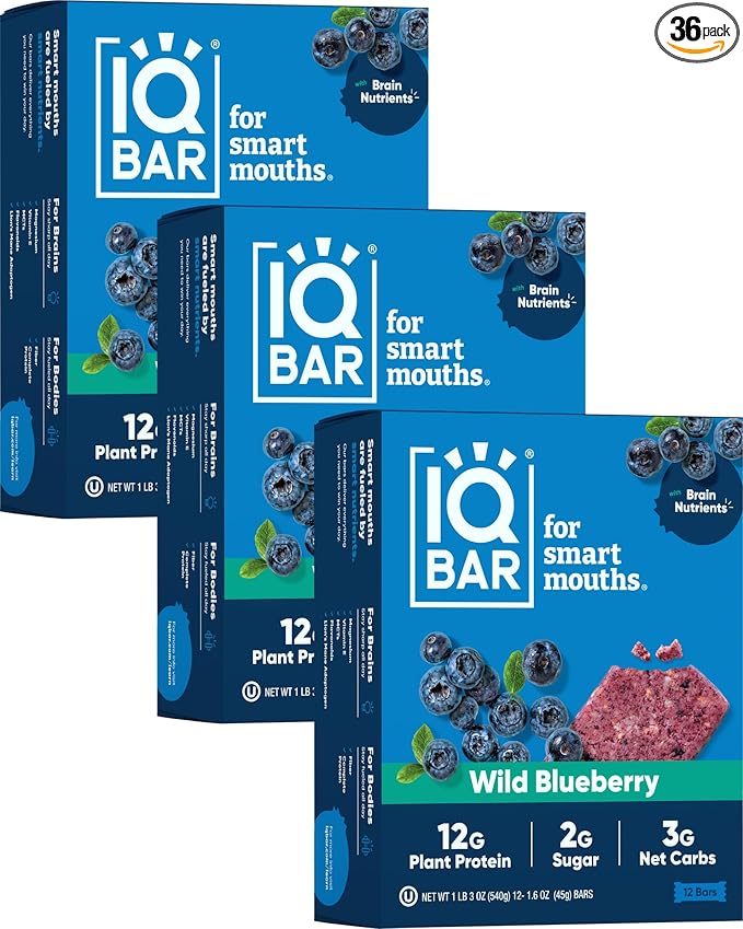 IQBAR Brain and Body Plant Protein Bars - Wild Blueberry - 36-Count Low Carb - Gluten Free, High Fiber, Vegan Snacks - Low Sugar Meal Replacement