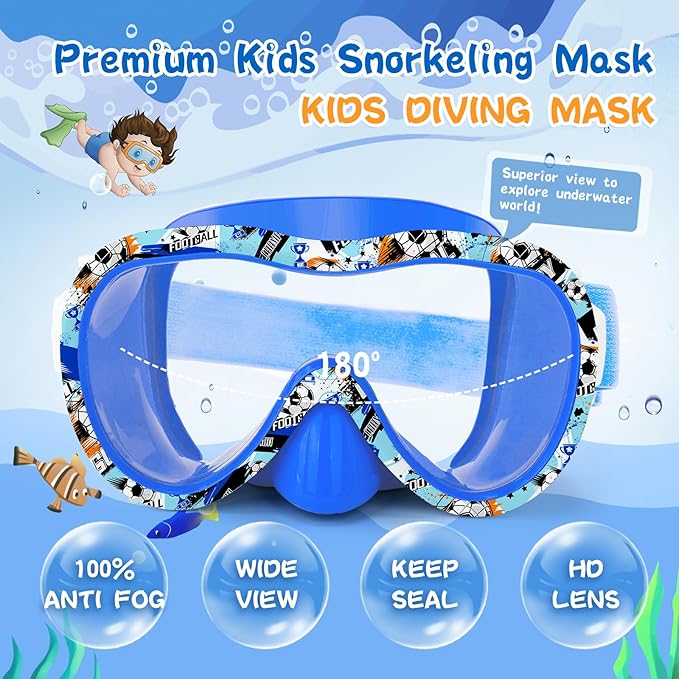 Kids Swim Goggles 180° Snorkel Diving Mask with Nose Cover, Anti-Fog Kids Swimming Goggles with Elastic Fabric Strap for Kids Boys Girls
