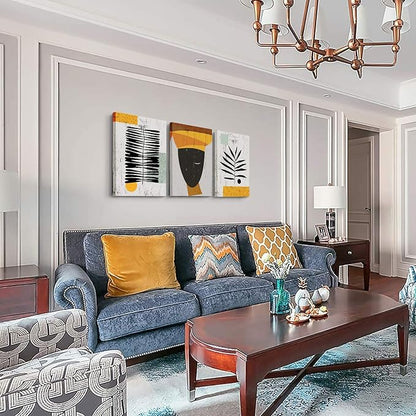 Framed Canvas Wall Art African Ethno Motive Wall Art Set, Abstract Ethno Art, African American Woman Portrait, Black Orange Print, Contemporary Collage, Minimalist (A-3pcs,12x16inchx3pcs)