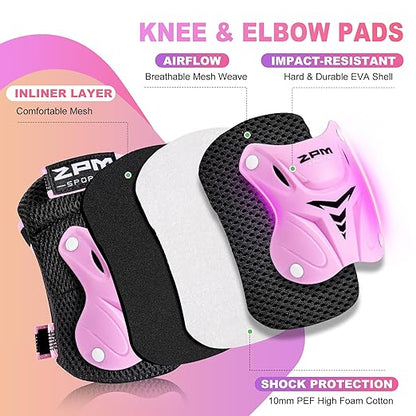 Knee Pads for Kids, Wrist Guards Knee and Elbow Pads Set with Drawstring Bag, Protective Gear Set for Girls Boys Roller Skating Cycling Skateboard - Pink Medium