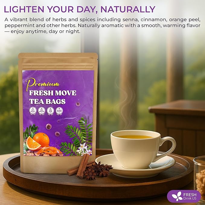 FreshDrinkUS, Fresh Move Tea – 75 Tea Bags - Herbal Tea Blend with Senna Leaves, Cinnamon, Orange Peel, Ginger & More – Caffeine-Free, Natural Ingredients – Smooth Flavor for Everyday Enjoyment