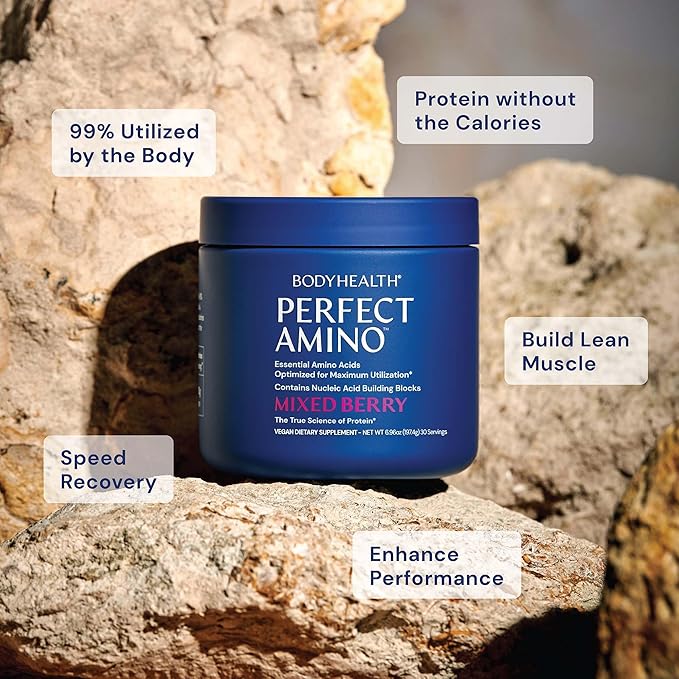 BodyHealth PerfectAmino Powder - BCAA and EAA Powder for Pre and Post Workout - Amino Acid Energy Drink for Men and Women to Support Lean Muscle and Recovery - Mixed Berry - 60 Servings