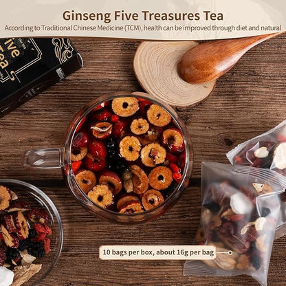Ginseng Five Treasures Tea, Traditional Chinese Herbal Tea, Natural Organic Kidney Cleanse Detox Tea for Women & Men, 7 Precious Ingredients Formula(3 Pack/75 Bags)