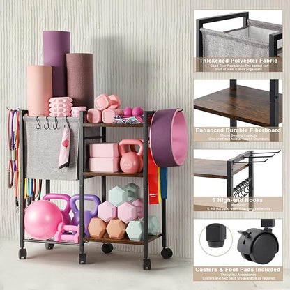 Yoga Mat Storage Rack Home Gym Equipment Organizer Holder for Foam Roller Dumbbells Kettlebells Resistance Bands and More Accessories Women Men Workout Organization with Hooks Wheels (Black)