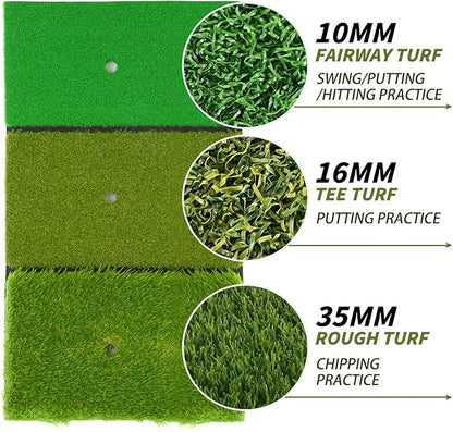 Jkwokback 3-in-1 Golf Hitting Mat | Turf Golf Practice Mat for Swing, Putting & Chipping | Portable Golf Mats Practice Indoor/Outdoor Golf Hitting Mat with 8 Tees Golf Training Mat