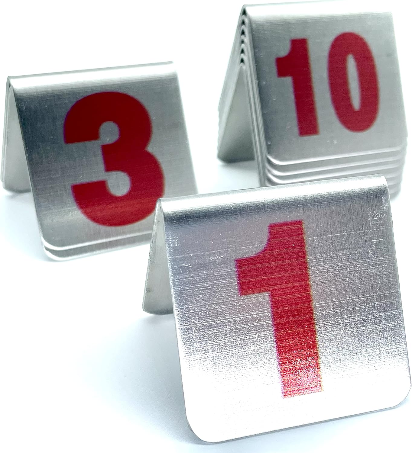 10 Pcs Metal Place Cards Stackable Tent Style Table Numbers，Place Card Holders for Celebration Wedding Party Restaurants Cafes Bars Gatherings meeting Room Board Game Serial (Small 1-10, Red)