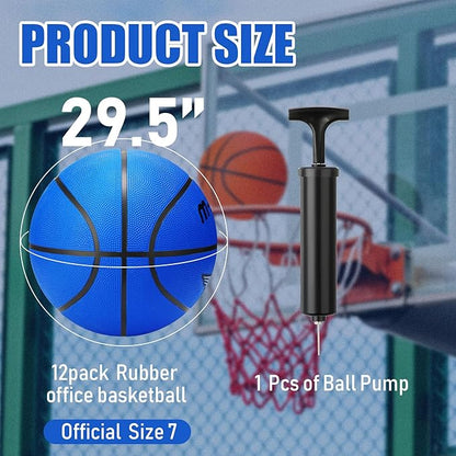 Jerify 12 Pieces Basketballs Bulk Official Size 7 Rubber Basketballs 29.5 Rubber Inflatable Basketballs with Pump Indoor Outdoor Basketballs Bulk Standard Basketball for Training and Play