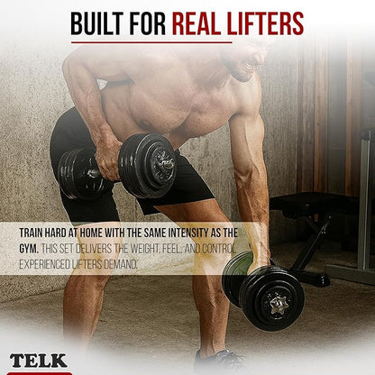 TELK – Adjustable Dumbbell Set – Home Gym Weight Set with Baked Enamel Cast Iron Plates – Space-Saving Free Weights for Strength Training