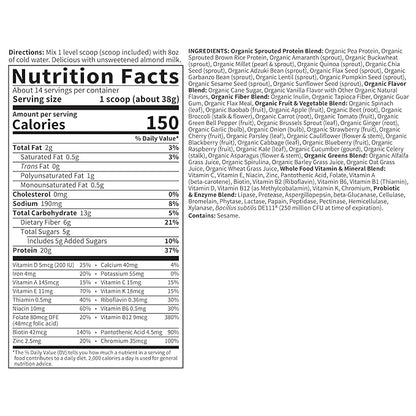 Garden of Life Meal Replacement Shakes, Vegan Protein Powder, Raw Organic Meal, Lightly Sweet Powder with Plant Based Pea Protein, Sprouts, Greens, Probiotics, Dairy Free 14 Servings