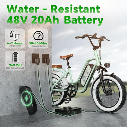 2 Seater Electric Bike, 48V 20AH(𝟗𝟔𝟎𝐖𝐇) Large Removable Battery, 𝟏𝟑𝟎𝟎𝐖 Peak Motor, 20"x 4.0" Fat Tire Ebike for Adults, 80+Miles Max,30+MPH, City Couple E Bike for All Terrain