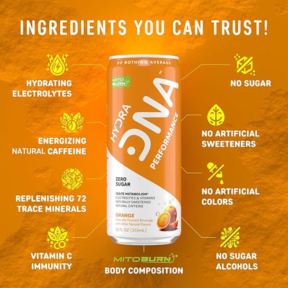 HYDRADNA- Clean Performance Drink, Zero Sugar | For Natural Fuel, Alertness, Boost, Stamina,120 mg Organic Caffeine, Natural Flavors, Zero Sucralose, Clean Ingredients (12 Pack) (12 Pack, Orange)