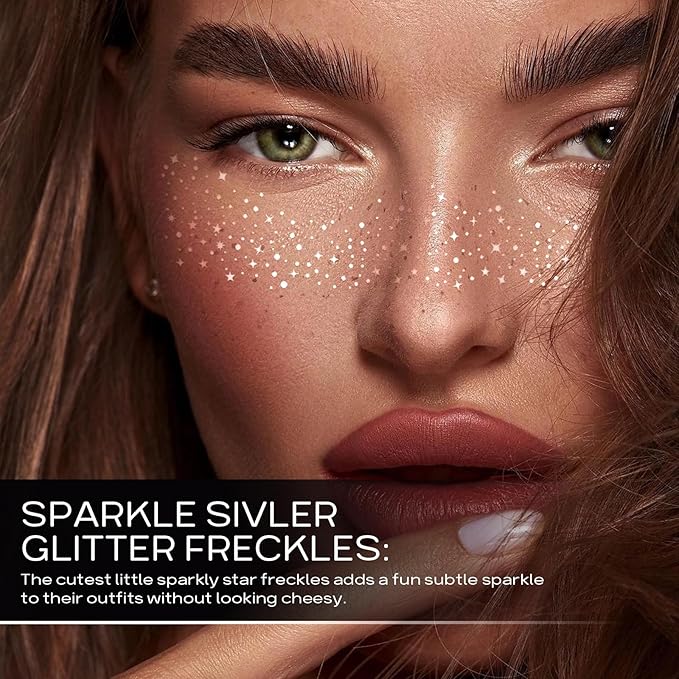 Glitter Freckles Face Tattoo - 10pcs Silver Face Glitter Makeup Speckles, Sparkle Makeup Patches