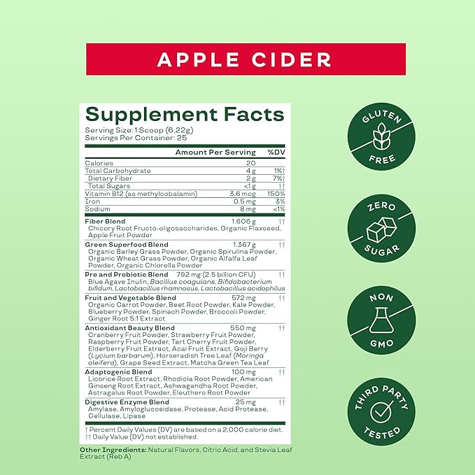 Bloom Nutrition Superfood Greens Powder, Digestive Enzymes with Probiotics and Prebiotics, Gut Health, Bloating Relief for Women, Chlorella, Green Juice Mix with Beet Root Powder, 25 SVG, Apple Cider