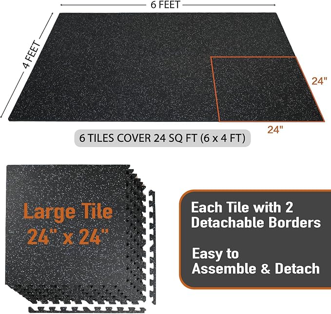0.56in Thick 24 Sq Ft Exercise Equipment Mats 6 Tiles