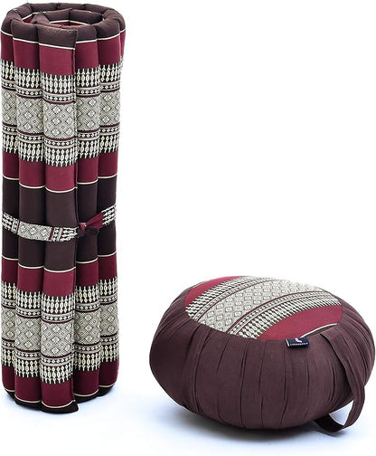 Leewadee Meditation Cushion Set – 1 Round Zafu Meditation Pillow and 1 Square Roll-Up Zabuton Meditation Mat, Pillows Bundle Filled with Kapok