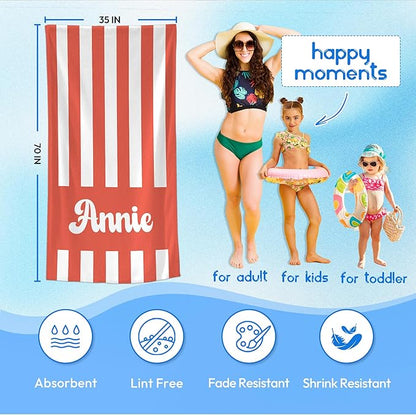 JML Personalized Beach Towel with Name, Custom Cabana Stripe Beach Towel, Customized Microfiber Pool Towel, Quick Dry & Absorbent Swim Towel for Adult,Mother's Day, Birthday, Summer Holiday,Vacation