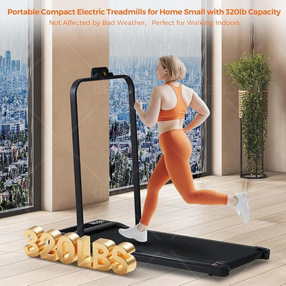 Portable Compact Treadmill with Handles for Home Small Spaces, Foldable Folding Walking Pad Treadmill with Handle Bar, 3.0HP Electric Walking Pads Treadmills Home with 320LB Capacity, LED Display