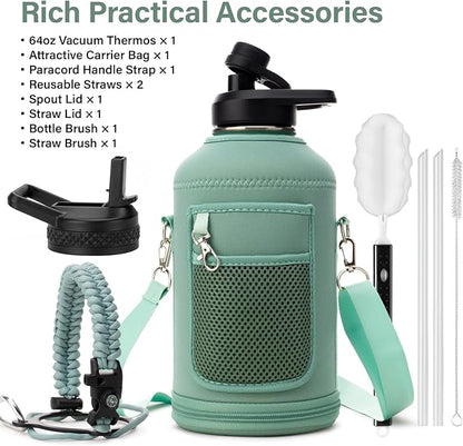 Insulated Water Bottle | Thickened Stainless Steel Vacuum Metal | Portable Sports Half Gallon Large Water Jug for Gym and Hiking with Straw, Carrier Bag, Handle Strap | BPA-Free 64 oz