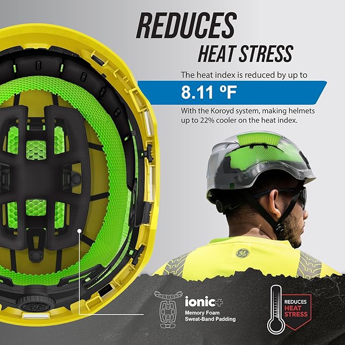 GE Safety Helmet: ANSI Type 2 Class G & E, Advanced Impact Technology, Ultra Comfortable Memory Foam, Heat Stress Reduction, Compatible with Accessories, Adjustable Size OSHA Approved