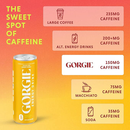 GORGIE Sugar Free Natural Energy Drinks, Sparkling Mango Tango (12 Pack) - Healthy Energy Drinks - Natural Coffee Replacement with Green Tea Caffeine and Biotin - 150mg Caffeine, Vegan, & Low Calorie