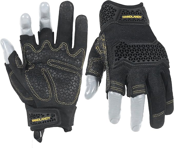 HANDLANDY Fingerless Framer Work Gloves for Men, Utility Grip Paded Gloves for Tactical Shooting Airsoft Hunting Driving (Black- 3 Fingerless, X-Large (Pack of 1))