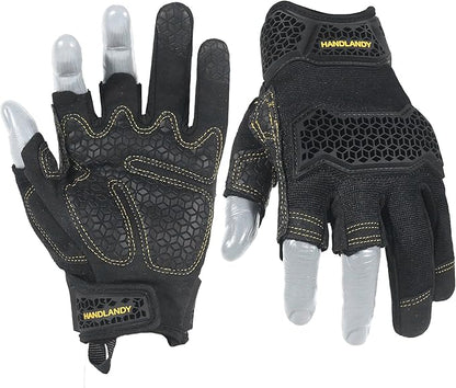 HANDLANDY Fingerless Framer Work Gloves for Men, Utility Grip Paded Gloves for Tactical Shooting Airsoft Hunting Driving (Black- 3 Fingerless, Medium (Pack of 1))