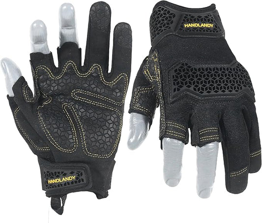 HANDLANDY Fingerless Framer Work Gloves for Men, Utility Grip Paded Gloves for Tactical Shooting Airsoft Hunting Driving (Black- 3 Fingerless, Medium (Pack of 1))
