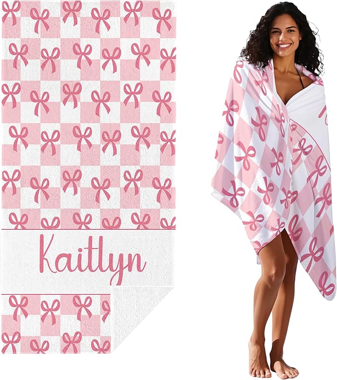 JML Personalized Beach Towel with Name, Custom Beach Towel with Text, Customized Bow Microfiber Pool Towel, Quick Dry & Absorbent Swim Towel for Adult,Anniversary, Birthday, Summer Holiday,Vacation