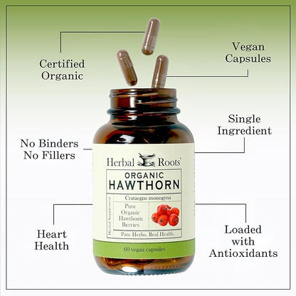 Herbal Roots Organic Hawthorn Berry Capsules | Extra Strength 1,200mg per Serving | 60 Vegan Capsules