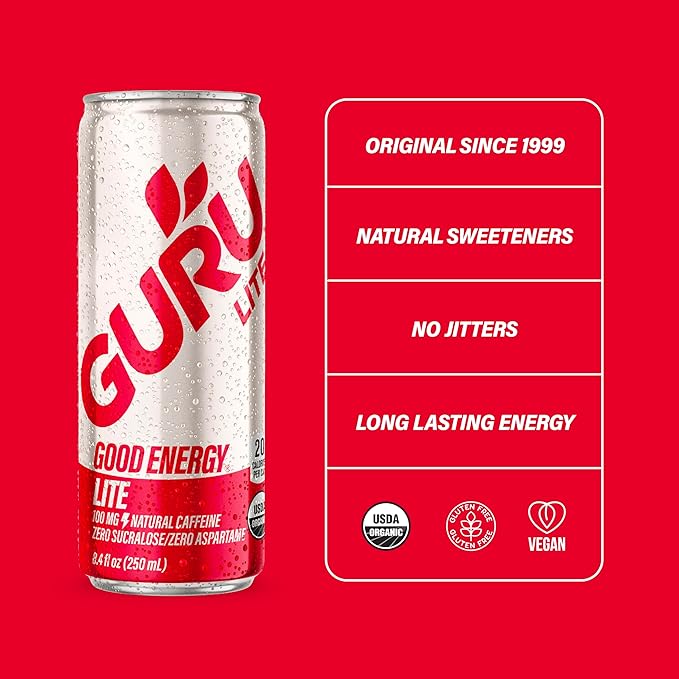 GURU Lite Organic Energy Drinks, Clean Energy Drink with Plant Based Natural Caffeine from Green Tea, Low Calorie, Gluten Free and Vegan, 100MG Caffeine, Healthy Drinks, 8.4oz (Pack of 24)