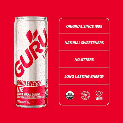 GURU Lite Organic Energy Drinks, Clean Energy Drink with Plant Based Natural Caffeine from Green Tea, Low Calorie, Gluten Free and Vegan, 100MG Caffeine, Healthy Drinks, 8.4oz (Pack of 24)