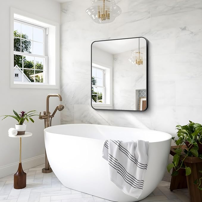 30x36 inch Bathroom Mirror,Black Rectangle Mirror,Wall Mounted Bathroom Frame Vanity Mirror with Round Corner for Bedroom Living Room, Entryway Hangs Horizontal or Vertical